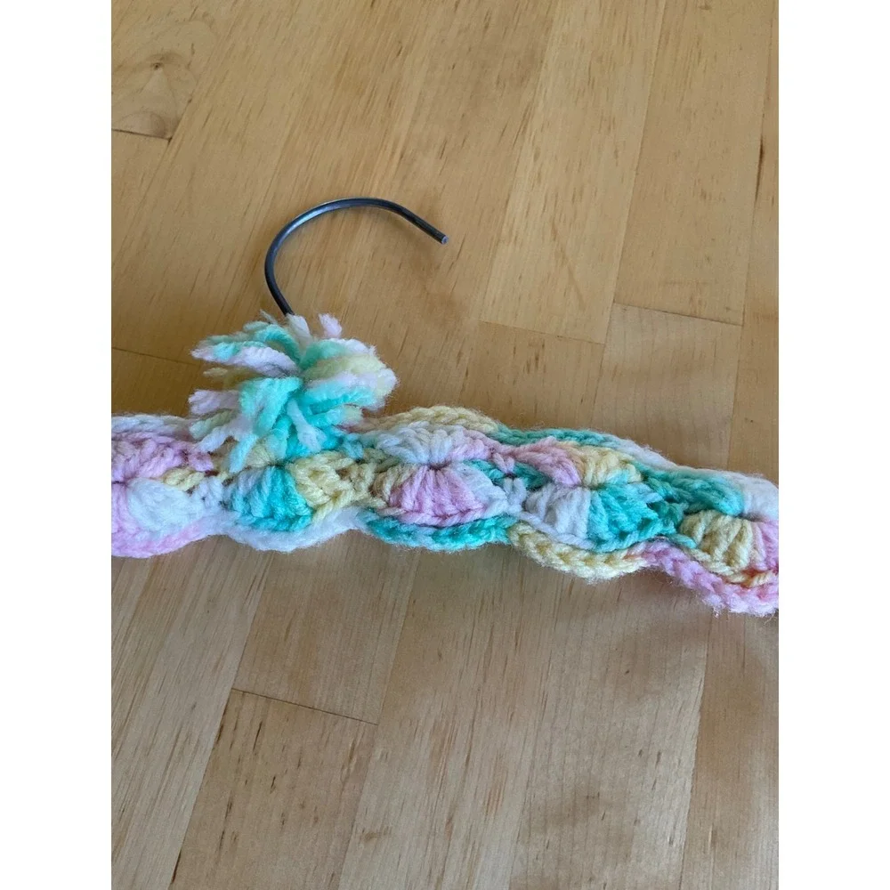 Handmade Crochet Padded Hanger Pastel Multi Color Shell Stitch Pom Pom Vintage